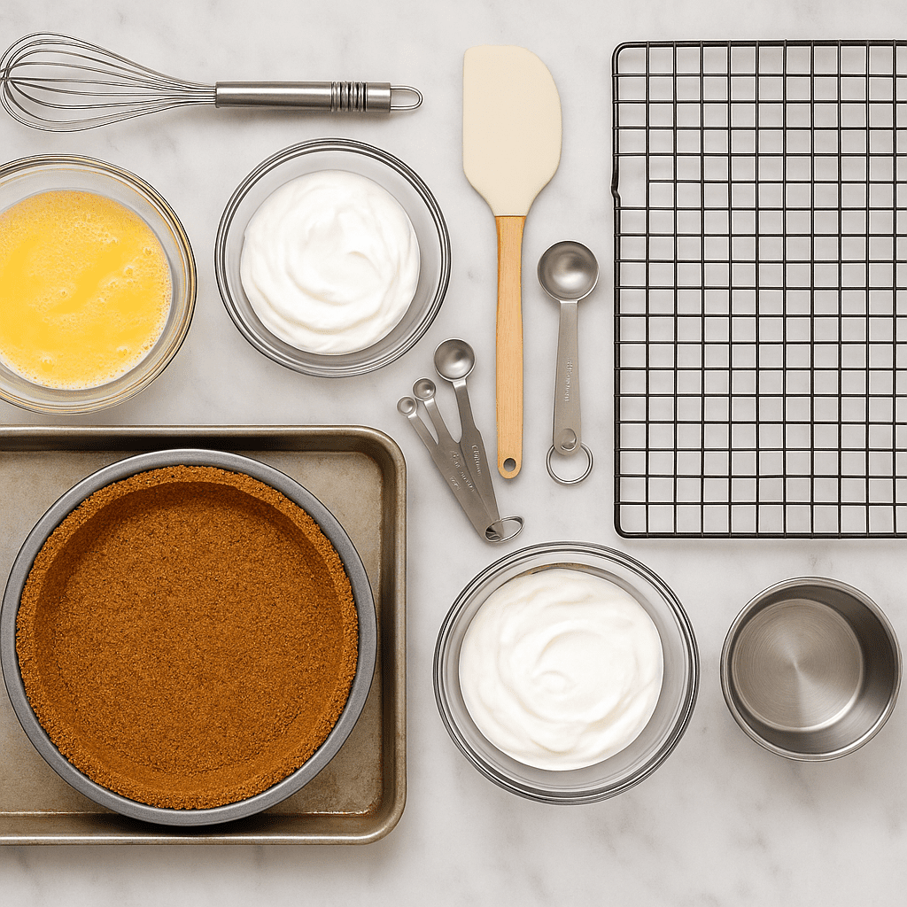 Mixing bowls, whisk, rubber spatula, measuring tools, pie pan, baking sheet, and cooling rack for lemon icebox pie