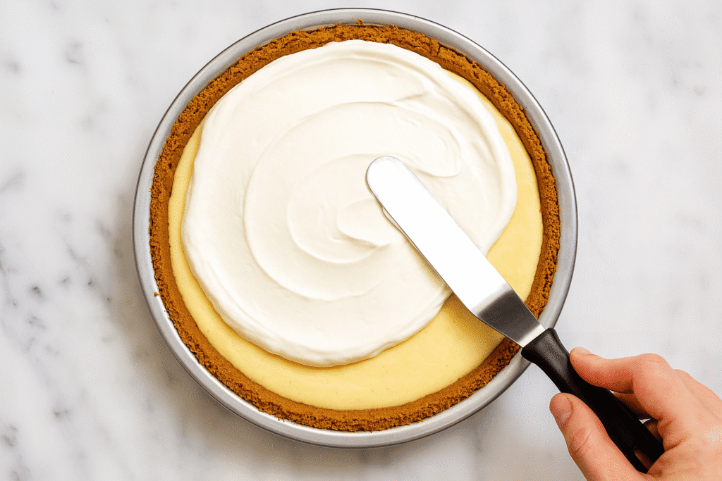 Sour cream topping being spread in an even layer over a chilled lemon icebox pie