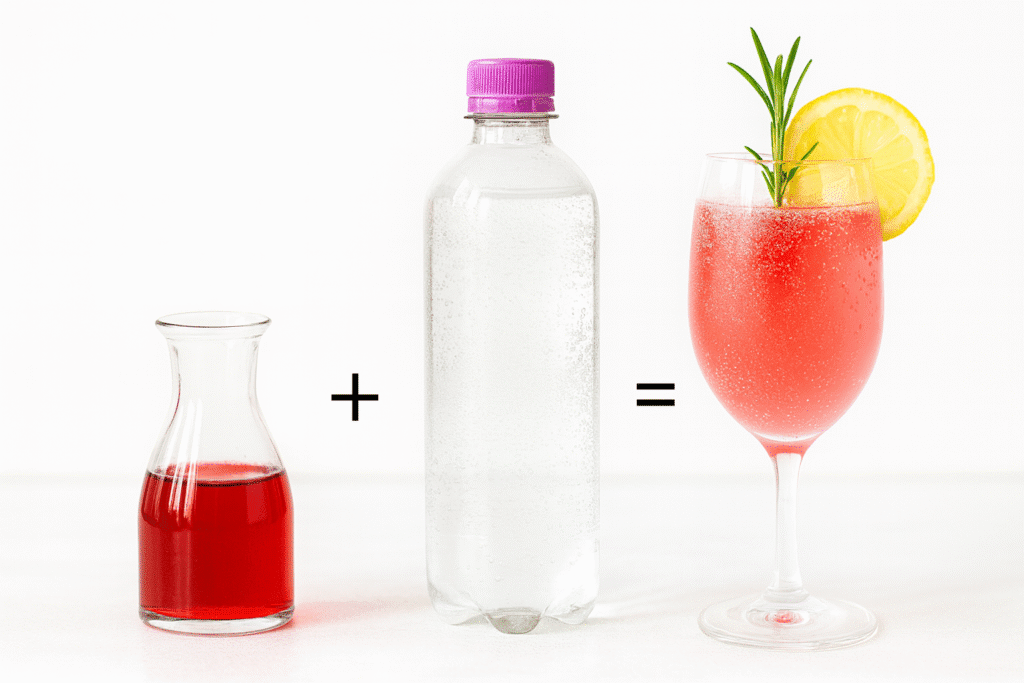 Rhubarb rosemary syrup beside soda water and a finished spritzer showing the syrup plus bubbles concept