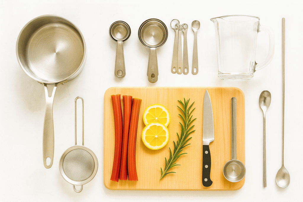 Saucepan, fine mesh strainer, measuring tools, pitcher, and spoon arranged for making rhubarb syrup and spritzer