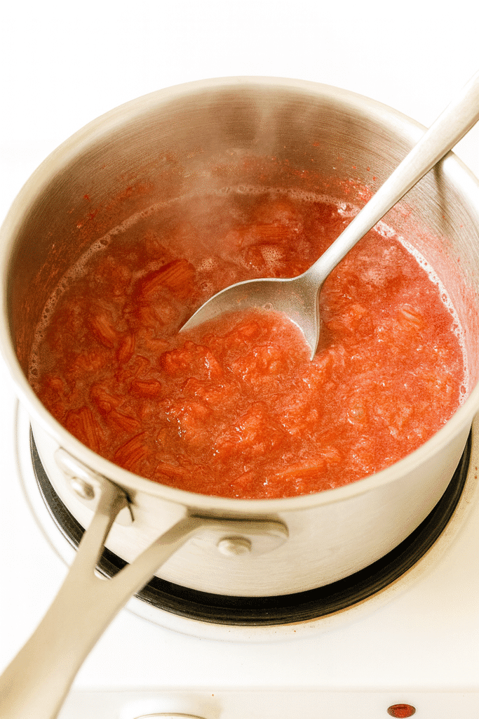 Rhubarb, sugar, water, and rosemary simmering in a saucepan as the stalks soften and turn the liquid pink
