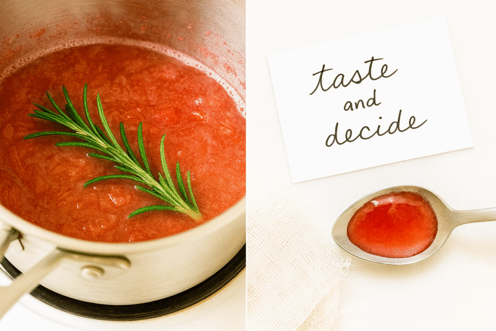 Tasting rhubarb rosemary syrup to decide whether to steep longer for a stronger rosemary flavor