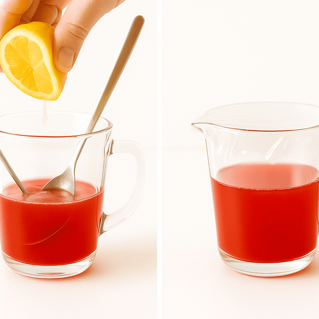 Stirring fresh lemon juice into strained rhubarb rosemary syrup before chilling in the refrigerator