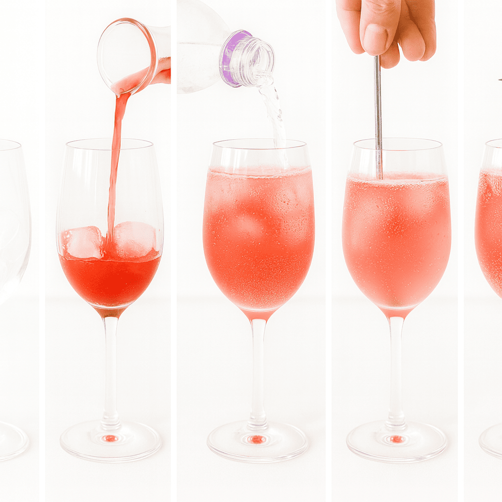 Building a rhubarb spritzer in a glass with ice, syrup, soda water, and a lemon and rosemary garnish
