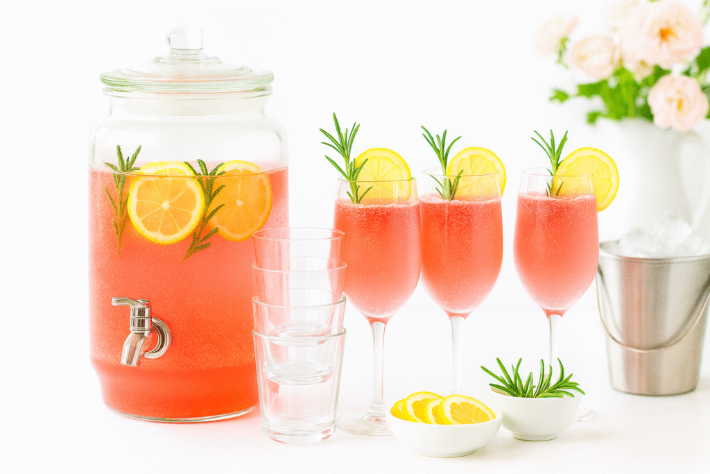 Sparkling rhubarb punch setup with pitcher, glasses, garnishes, and ice for a spring gathering