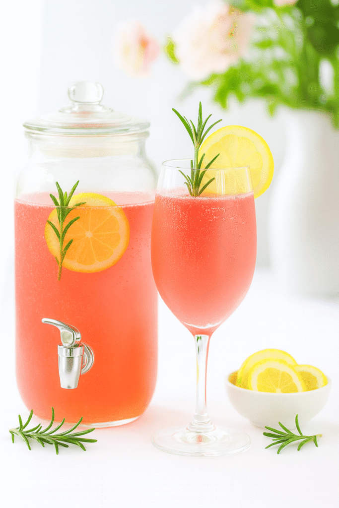 Finished rosemary lemon rhubarb spritzer and pitcher of sparkling punch ready for spring brunch