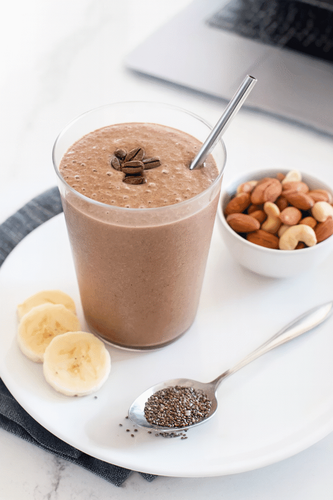 Coffee smoothie on a table with nuts, banana slices, and chia seeds beside a work notebook