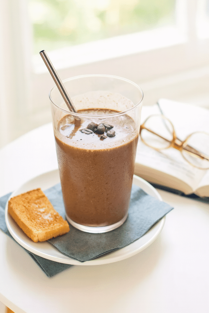 Partly finished coffee smoothie on a small table with a book and light snack by a sunny window