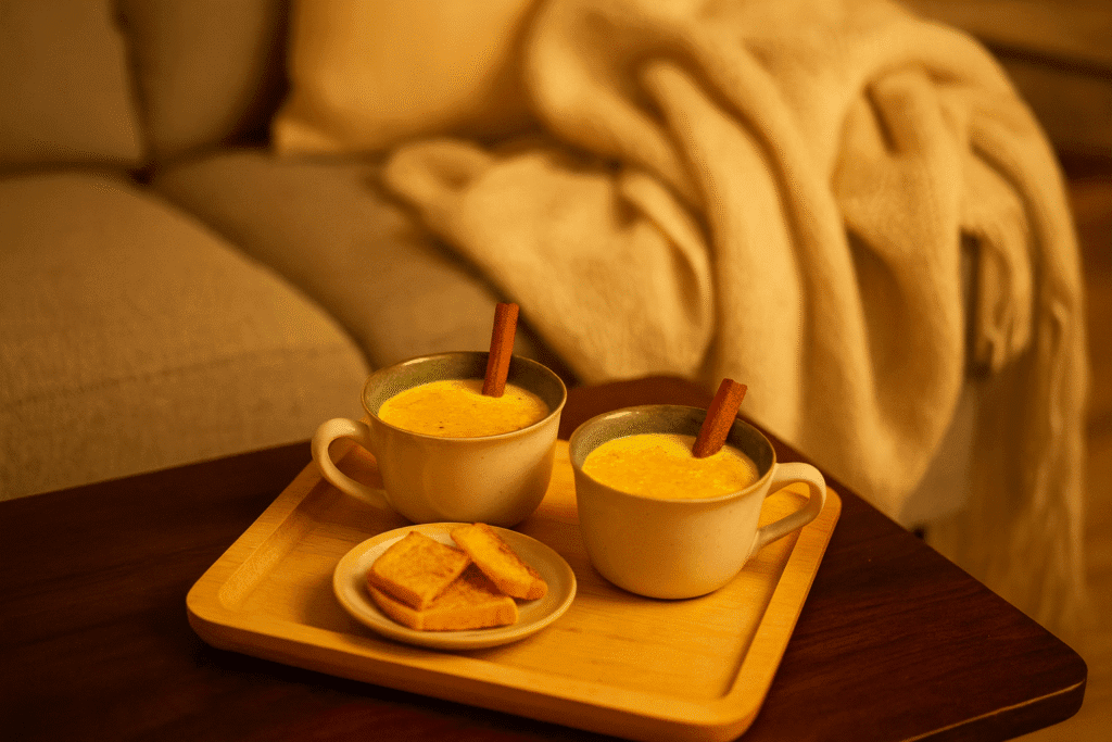 Two mugs of coconut golden milk on a tray with cookies in a cozy living room