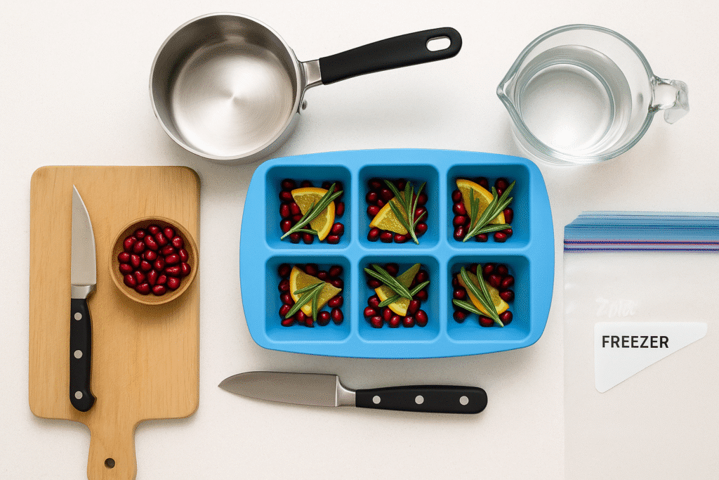 Silicone trays, saucepan, knife, cutting board and freezer bags laid out for making festive ice cubes.