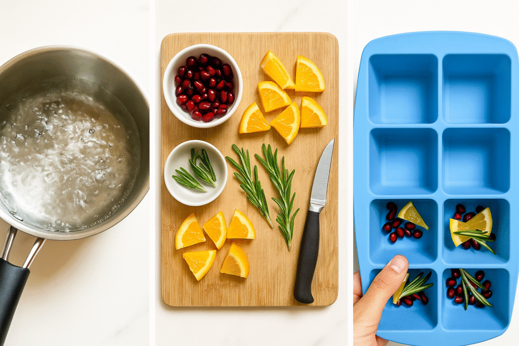 Collage showing boiling water, slicing fruit and arranging fruit and herbs in silicone ice cube trays.