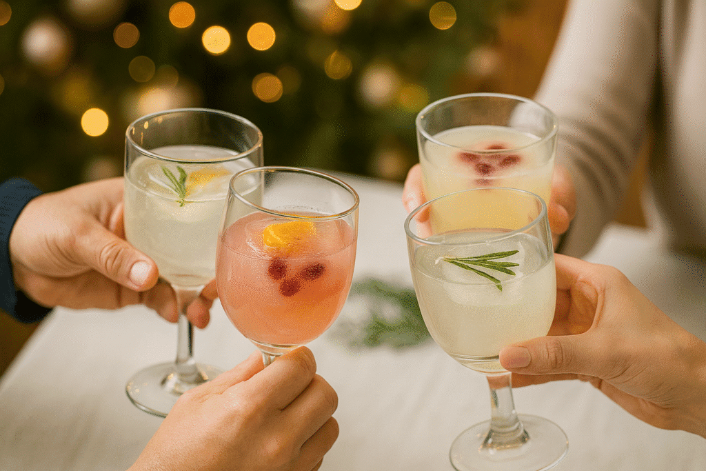 Friends clinking glasses filled with drinks that each have colorful festive fruit and herb ice cubes.