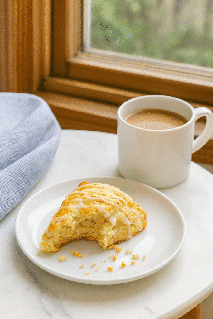 Half eaten lemon scone on a plate with crumbs and coffee on a small table by a window