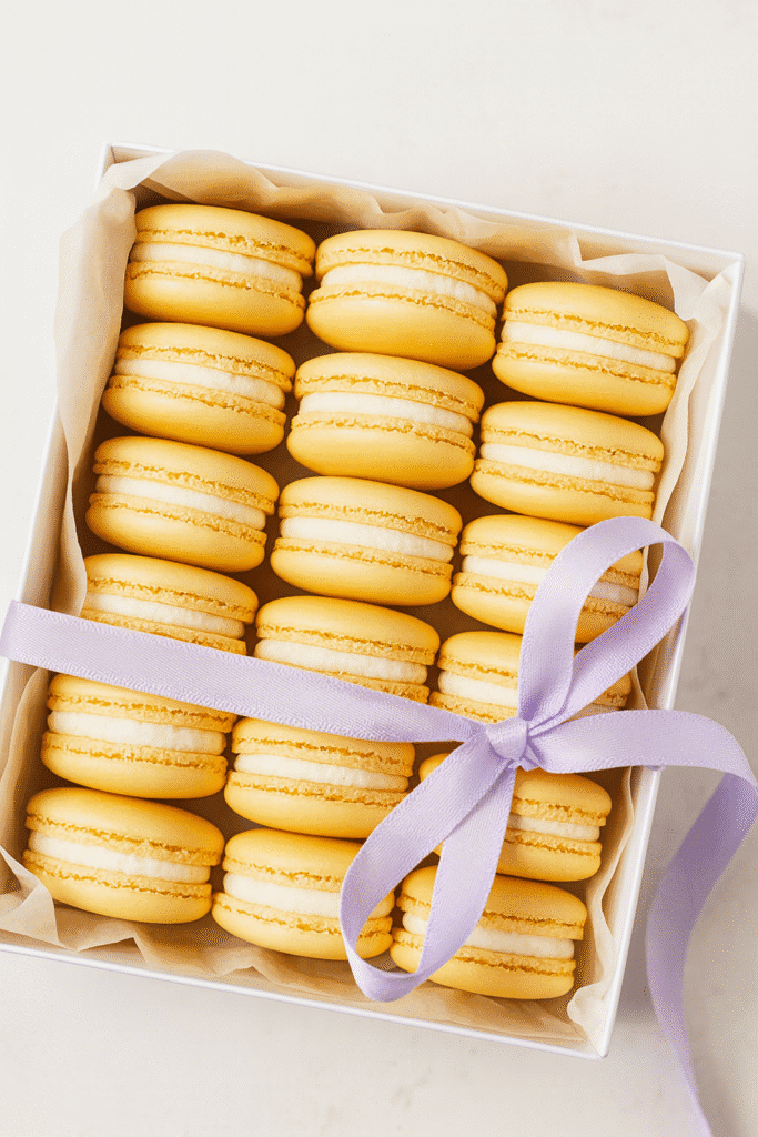 Gift box filled with lemon macarons arranged in rows and tied with ribbon for sharing.