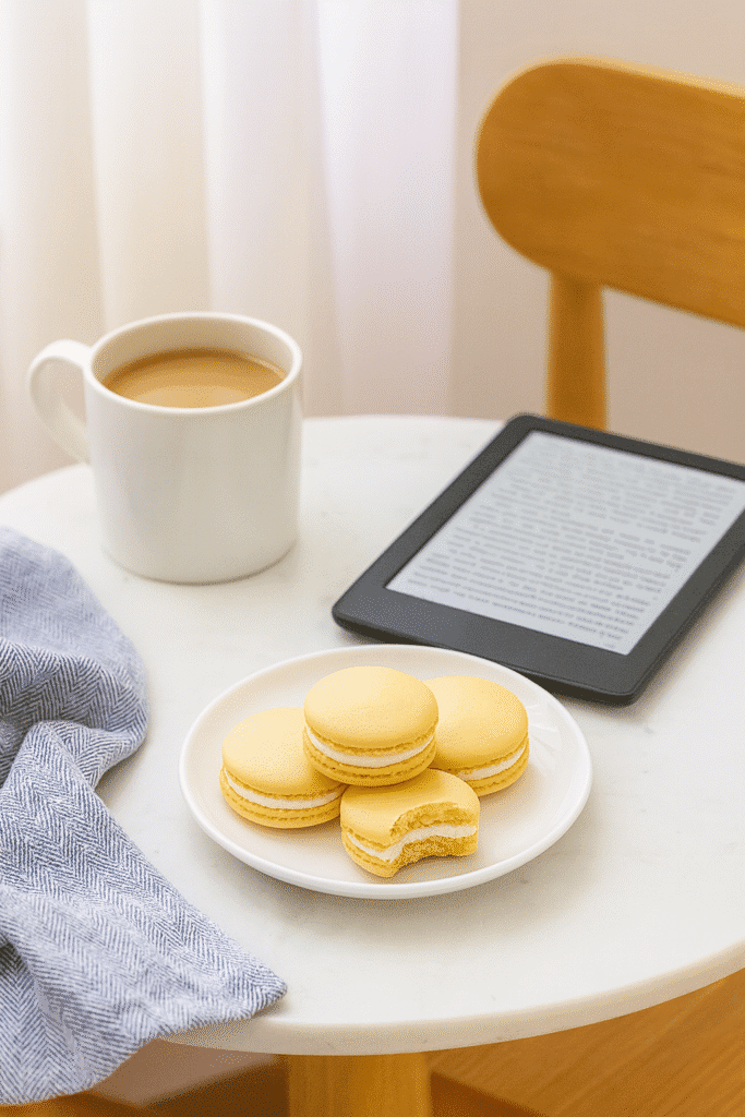Cozy table with a cup of tea, an open book, and a plate of lemon macarons, one with a bite taken.