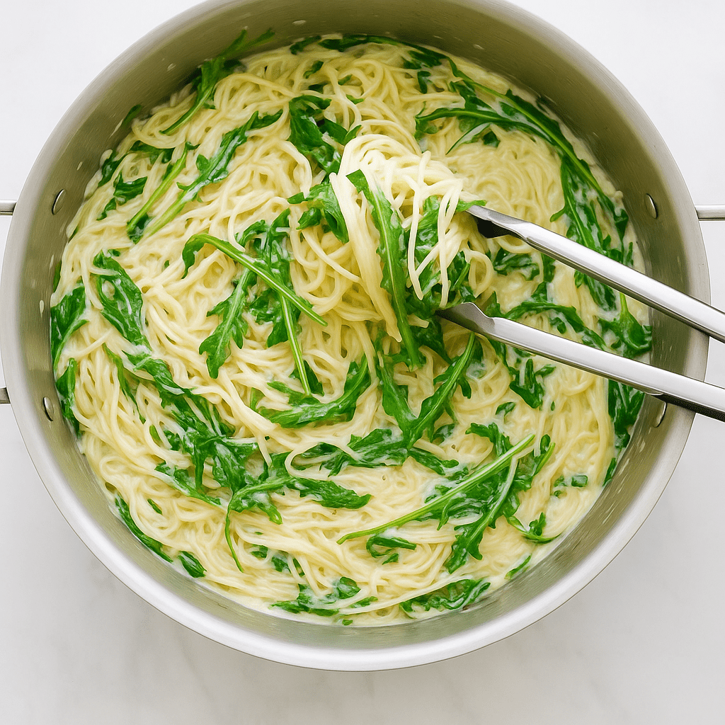Angel hair pasta tossed in creamy lemon Parmesan sauce with fresh arugula wilting in a skillet.