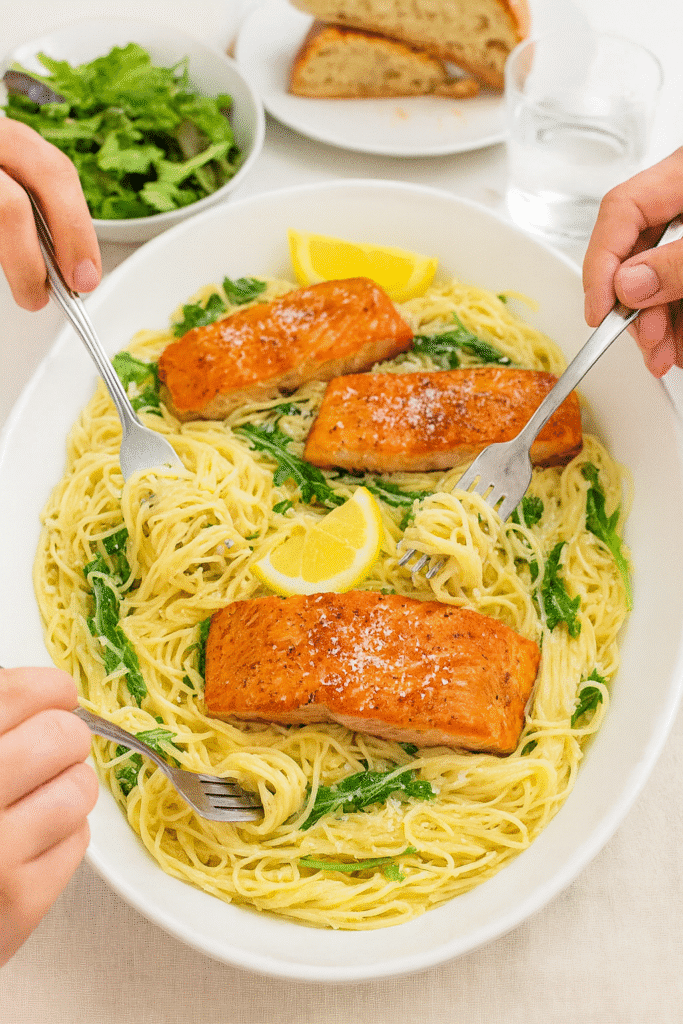 Family style serving dish of creamy salmon angel hair pasta with arugula on a dinner table, ready to share.