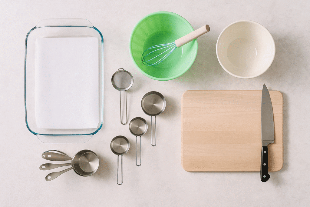 Tools for making classic lemon bars including baking pan parchment whisk sieve and knife