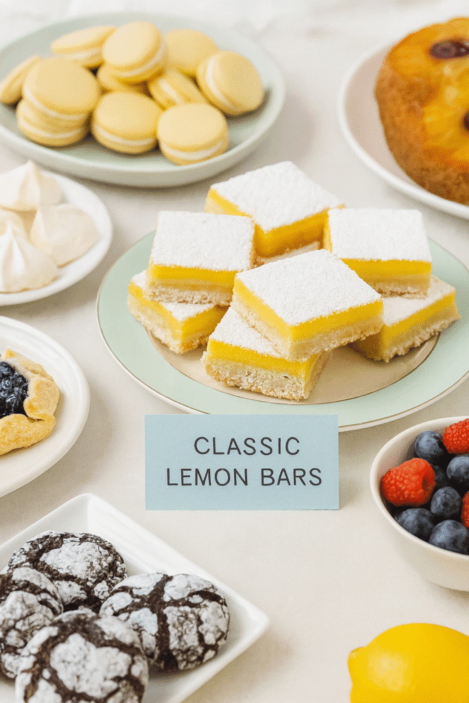 Platter of classic lemon bars on dessert table at party ready for guests