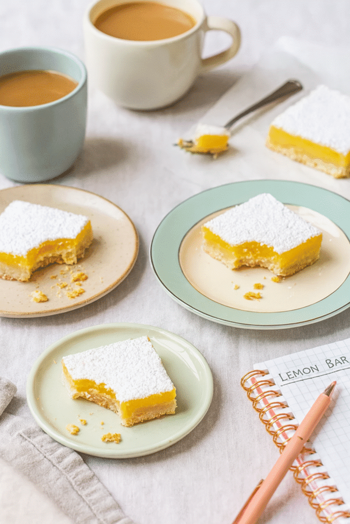 Cozy table with classic lemon bars partly eaten next to coffee and handwritten recipe notes
