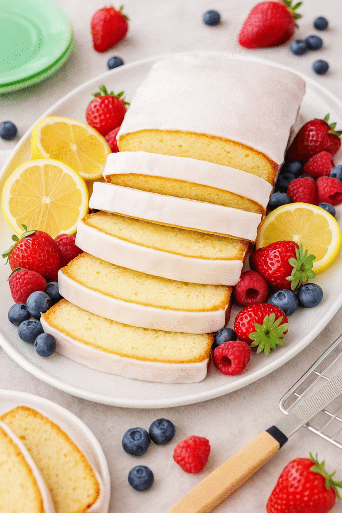 Platter of sliced lemon pound cake with fresh berries and lemon wedges ready to serve for brunch or dessert