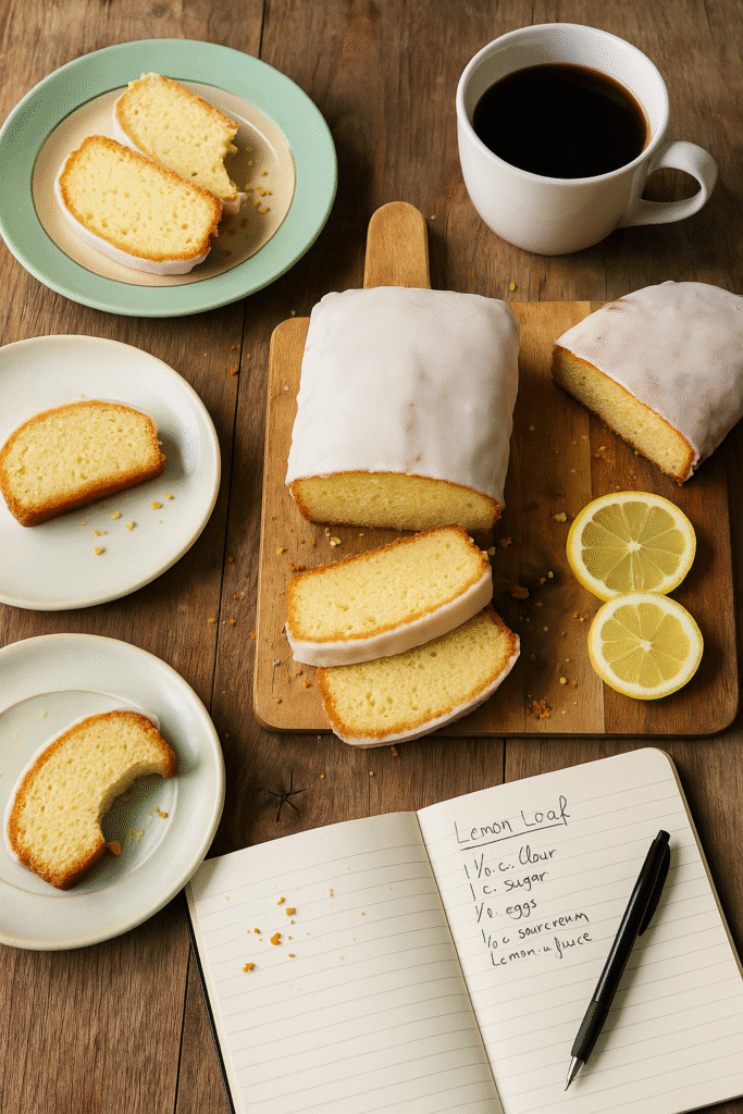 Cozy table with a mostly eaten lemon pound cake loaf slices on plates and a handwritten recipe notebook with a pen