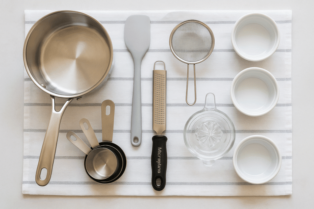 Heavy saucepan strainer zester juicer and ramekins arranged for making easy lemon pudding