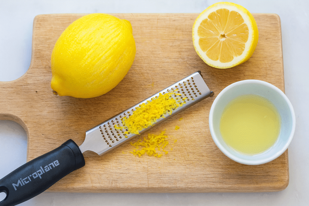 Zesting and juicing fresh lemons on a cutting board to prepare easy lemon pudding