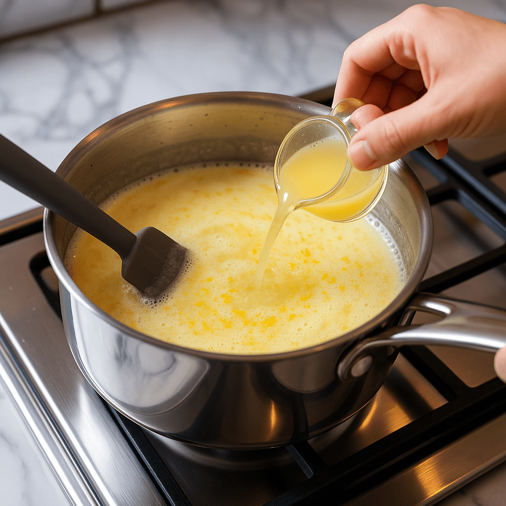 Fresh lemon juice poured into simmering cream mixture while stirring to thicken easy lemon pudding