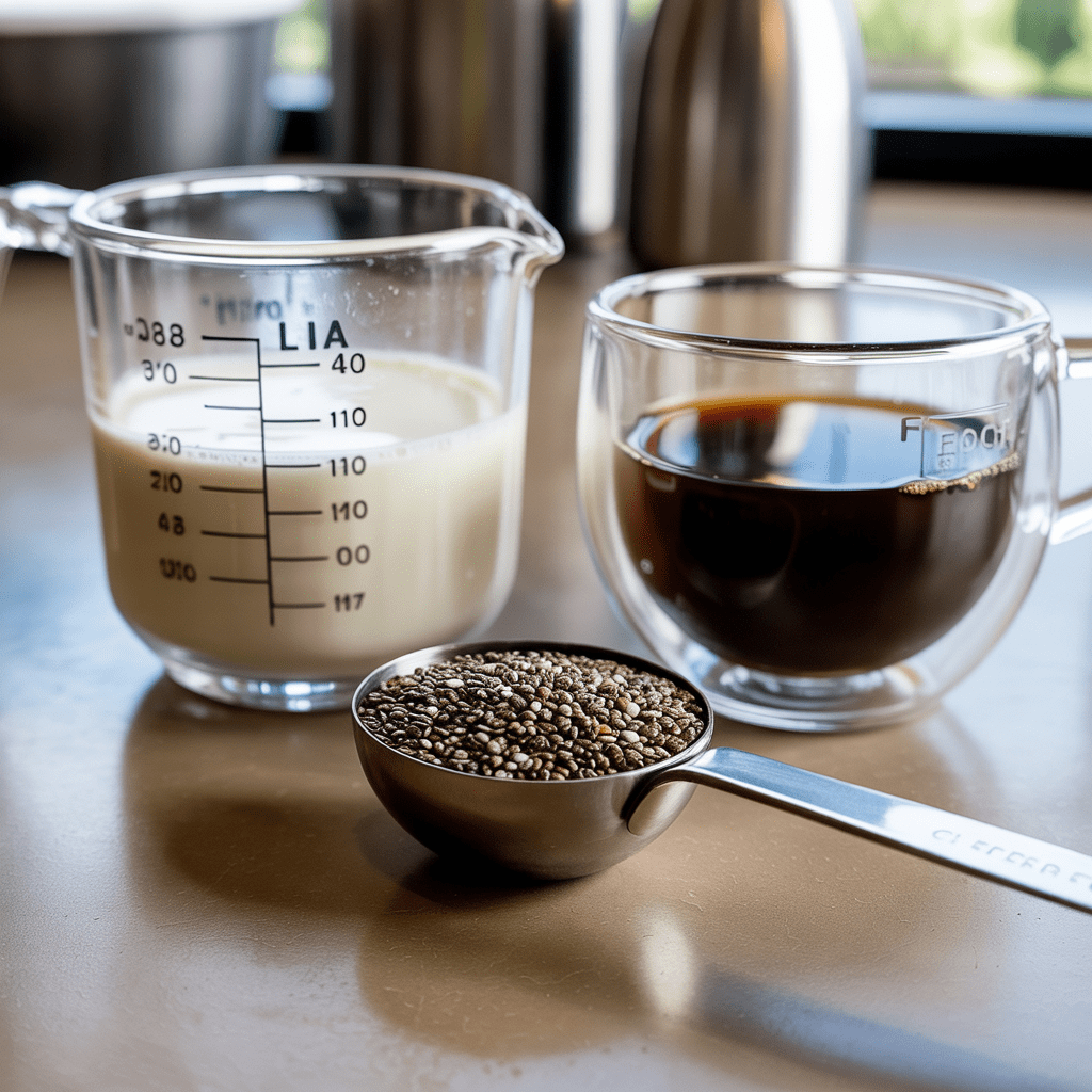 Measured ingredients for a mocha coffee smoothie in cups and spoons on a countertop