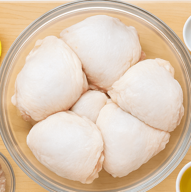 Cook trimming and scoring raw chicken pieces on a bowl for lemon chicken