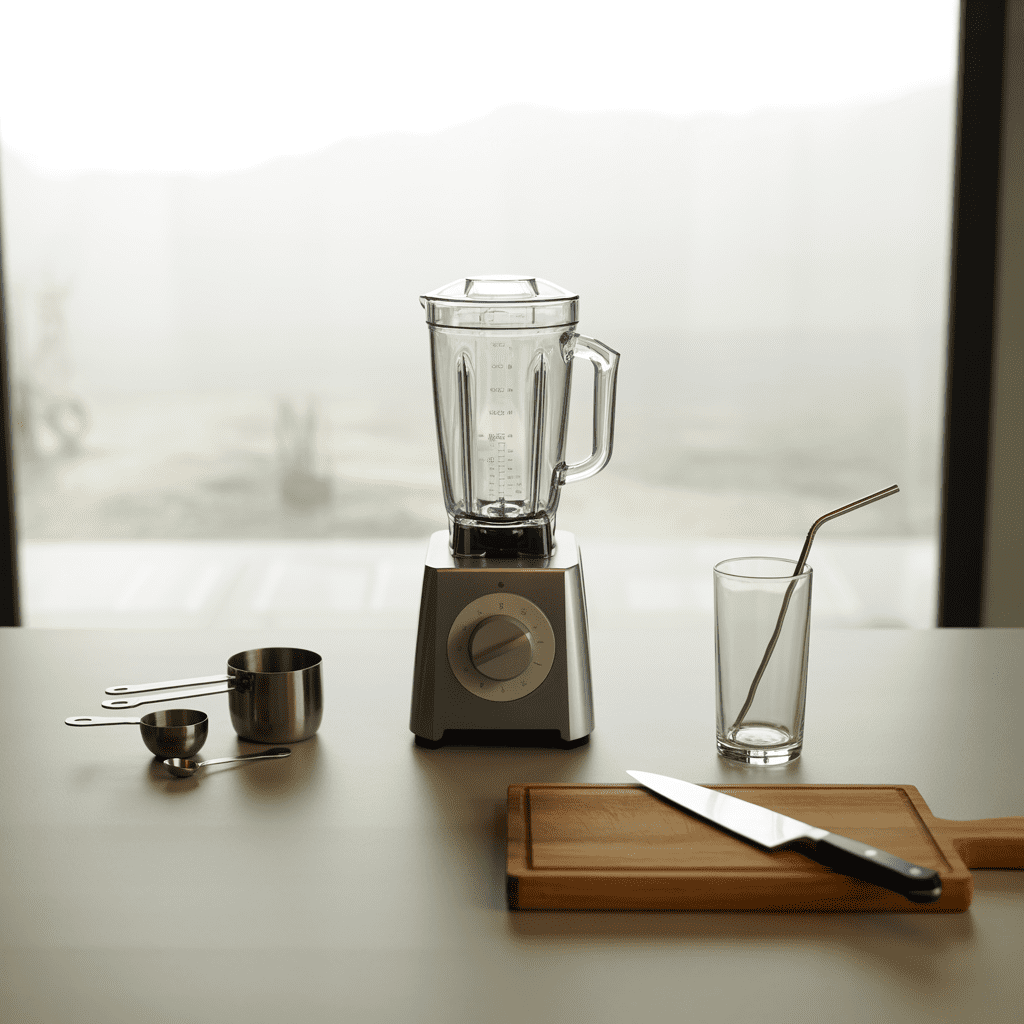 Blender, measuring cups, cutting board, and a glass ready to make a coffee smoothie