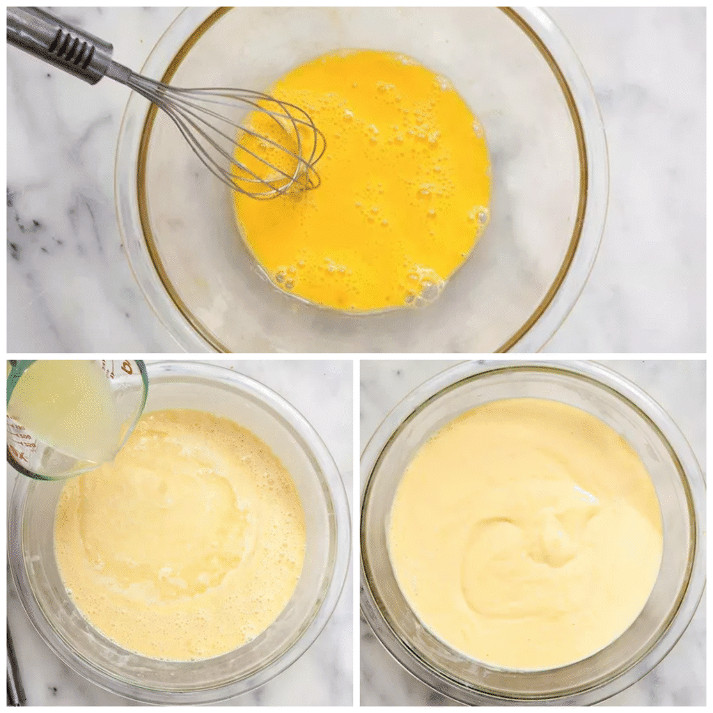 Lemon pie filling being whisked until it looks thicker and glossy in a mixing bowl