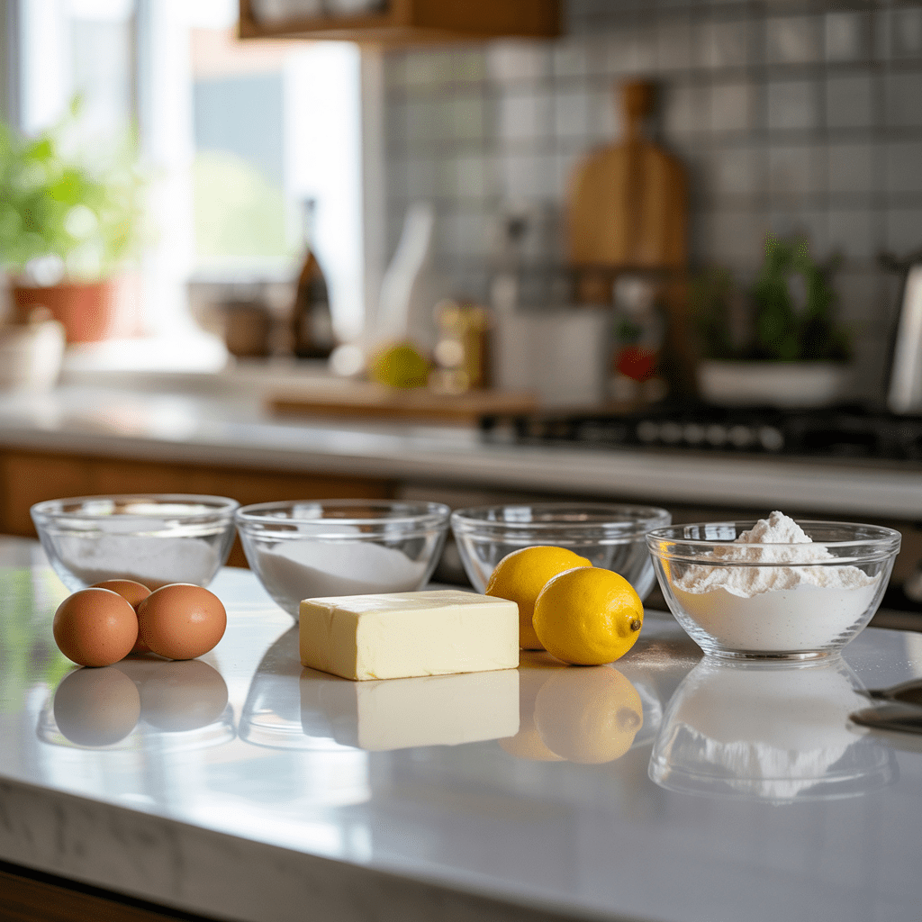 Measured ingredients for lemon tart including lemons, eggs, butter, sugar, flour, and creme fraiche