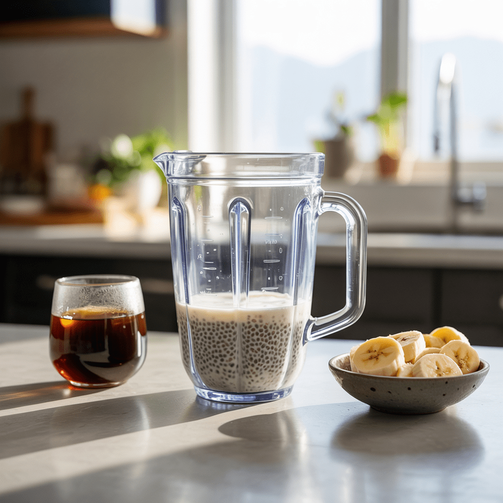 Chia seeds soaking in milk in a blender with cold coffee and frozen banana ready to add
