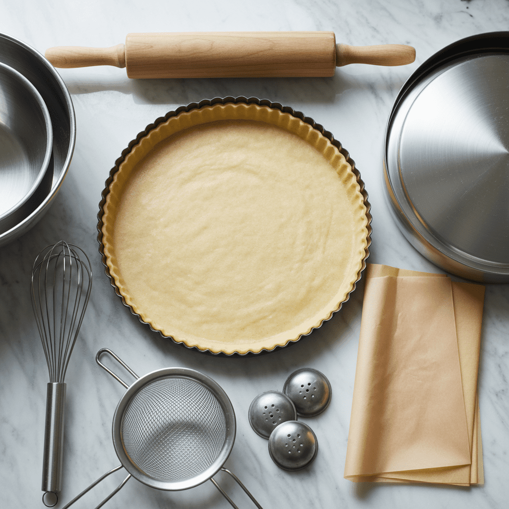 Tools for making lemon tart including tart pan, rolling pin, whisk, and fine mesh strainer