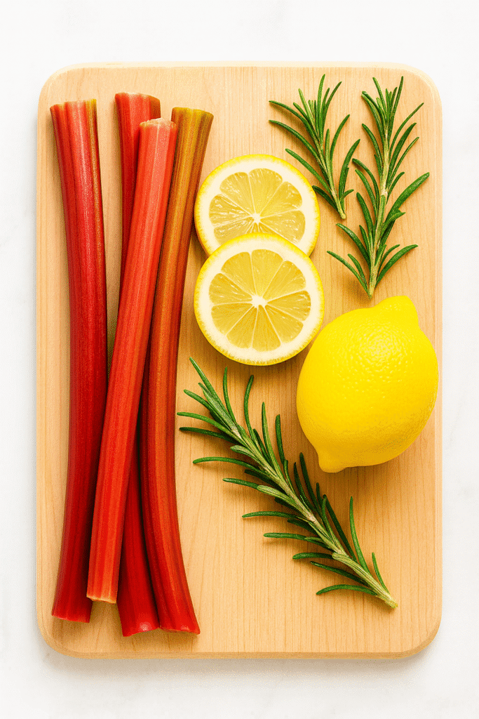 Fresh rhubarb stalks, rosemary sprigs, and lemons on a cutting board for spritzer ingredients