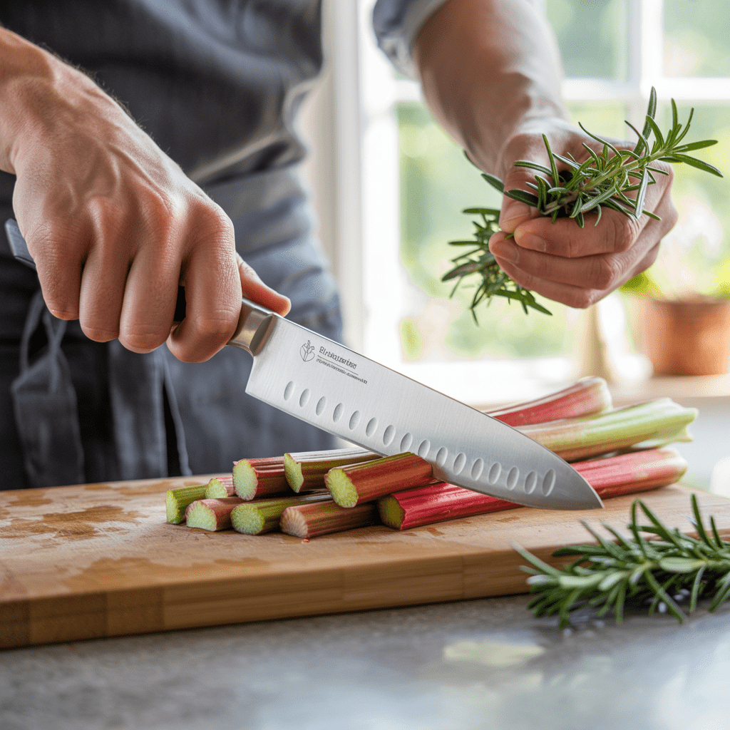 Slicing rhubarb into small pieces and stripping rosemary leaves before making rhubarb rosemary syrup