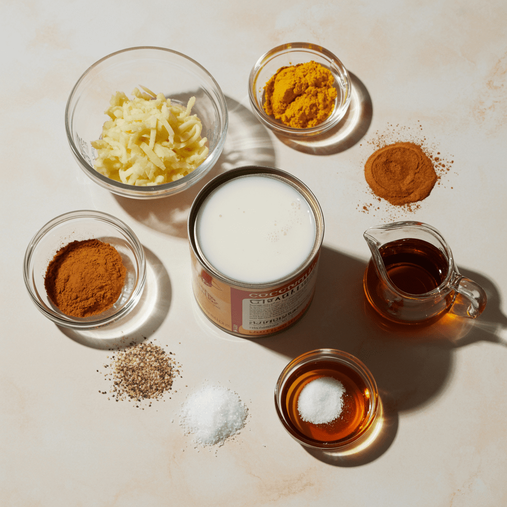 Measured ingredients for coconut golden milk including coconut milk turmeric ginger cinnamon black pepper and maple syrup