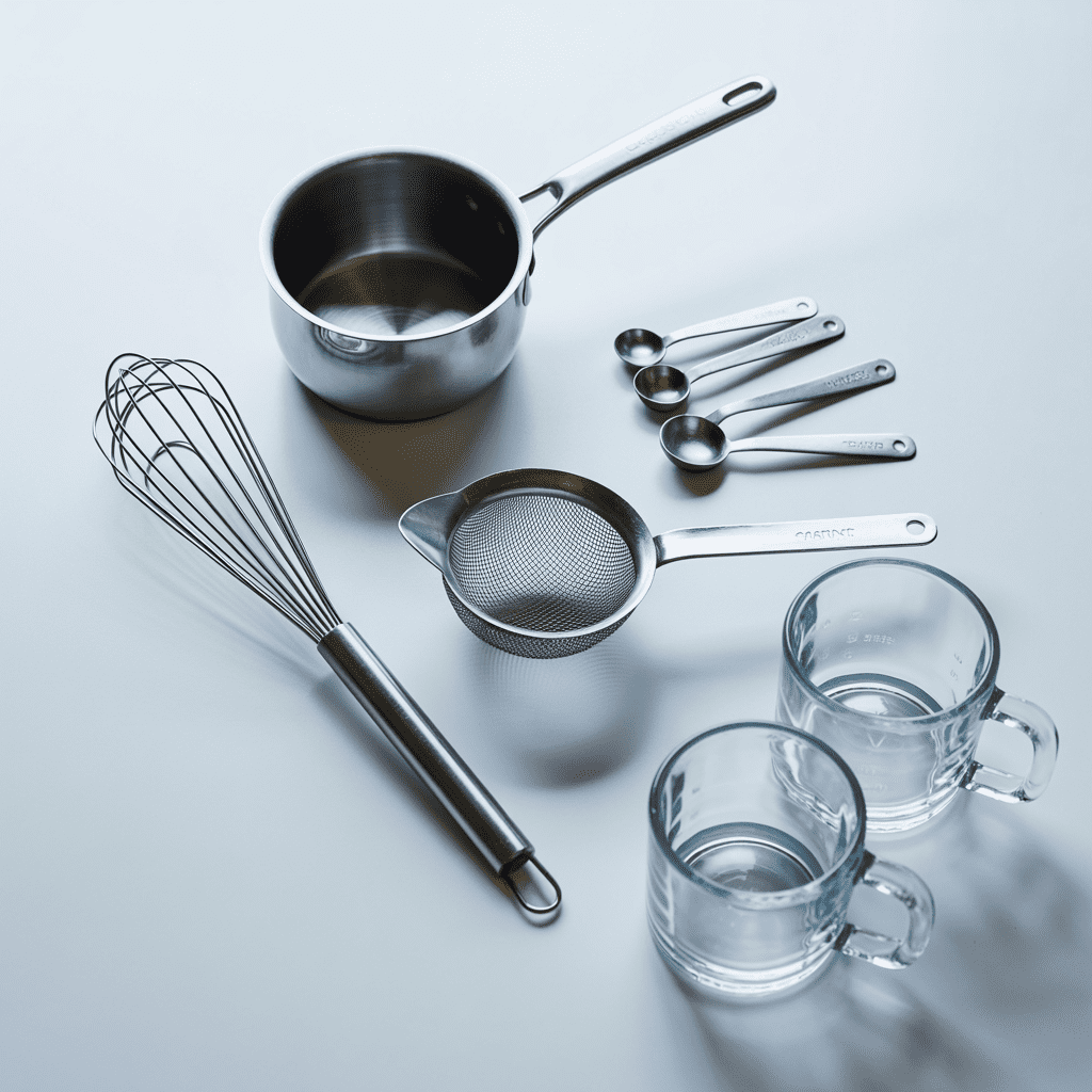 Saucepan whisk strainer measuring spoons and mugs ready to make coconut golden milk