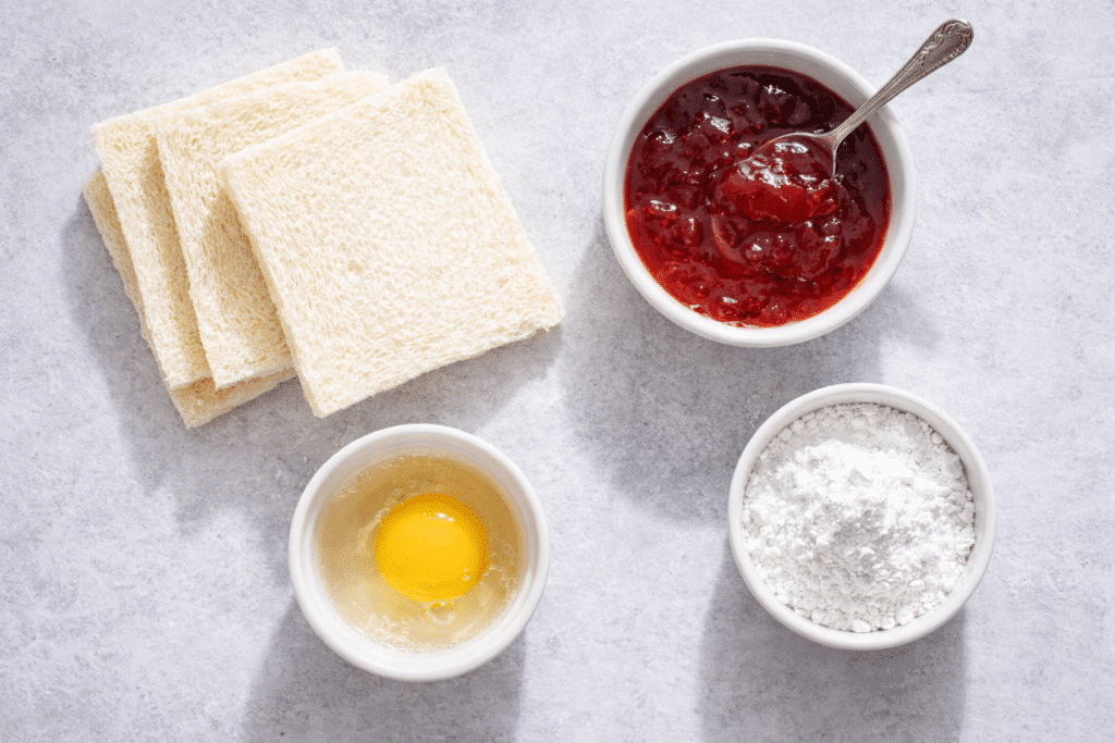 Ingredients for toast pies including trimmed white bread slices jam egg wash and powdered sugar on a light surface