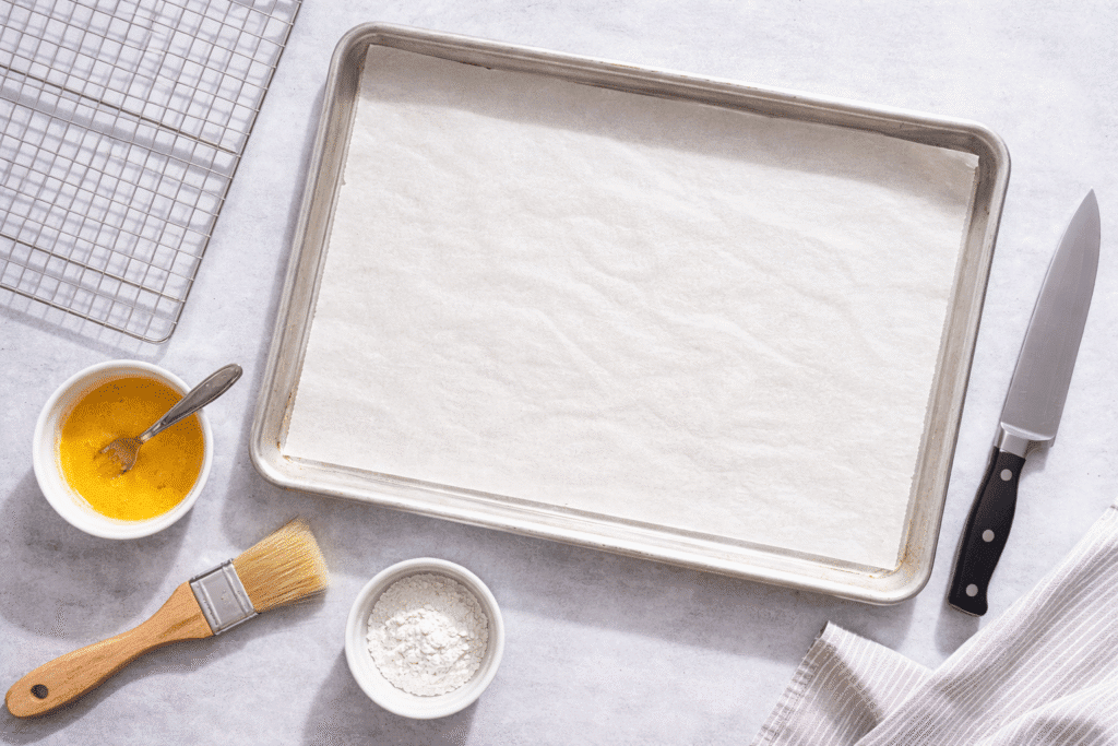 Baking tray with parchment paper fork pastry brush knife and small bowl arranged for making toast pies