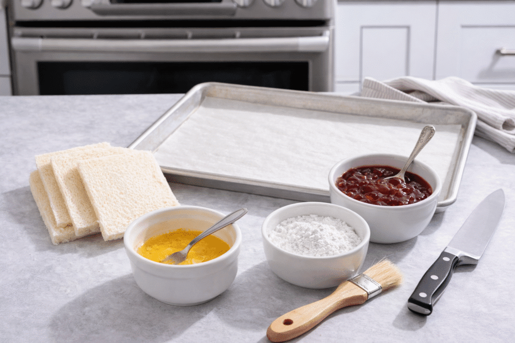 Clean kitchen counter with toast pie ingredients tools and a parchment lined baking sheet ready for use