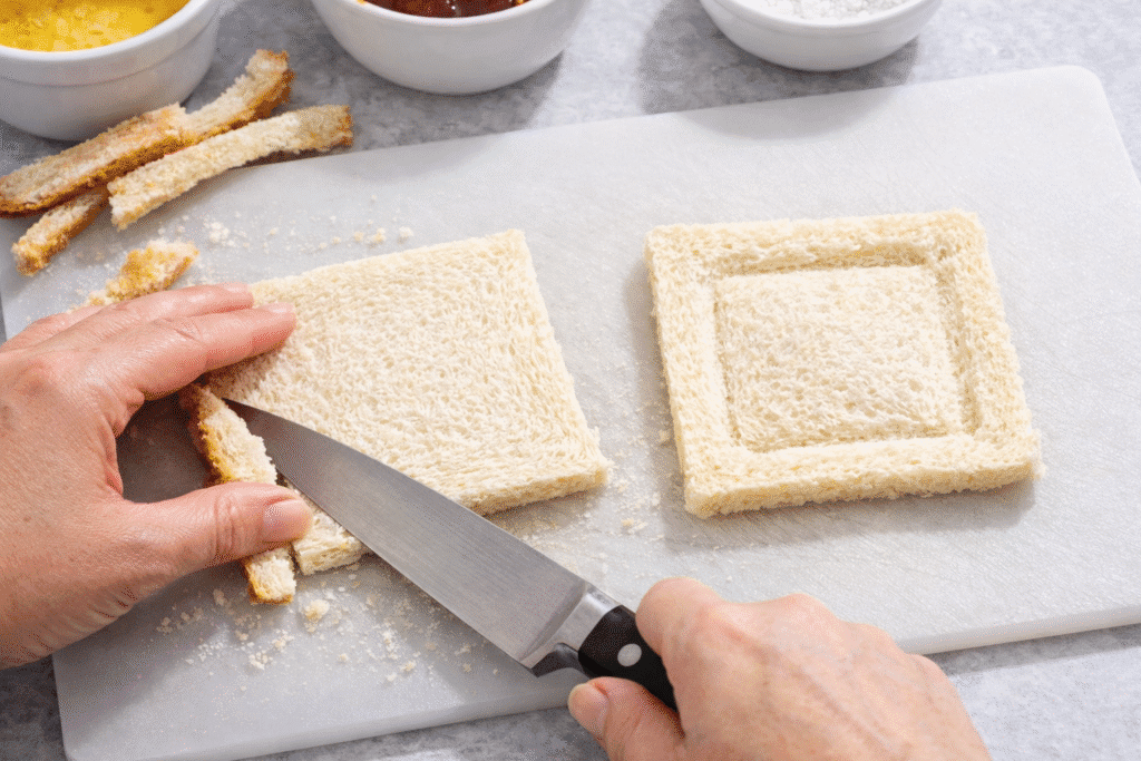 Hands trimming crusts from white bread and pressing a shallow indent in the center for toast pies
