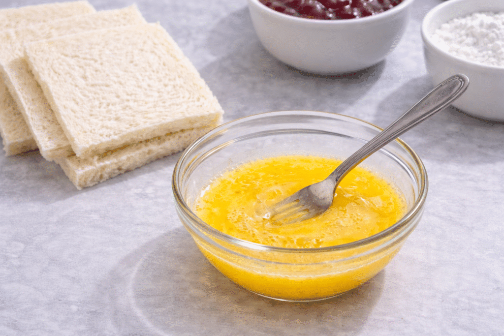 Egg and water being whisked together in a small bowl to make egg wash for sealing toast pies