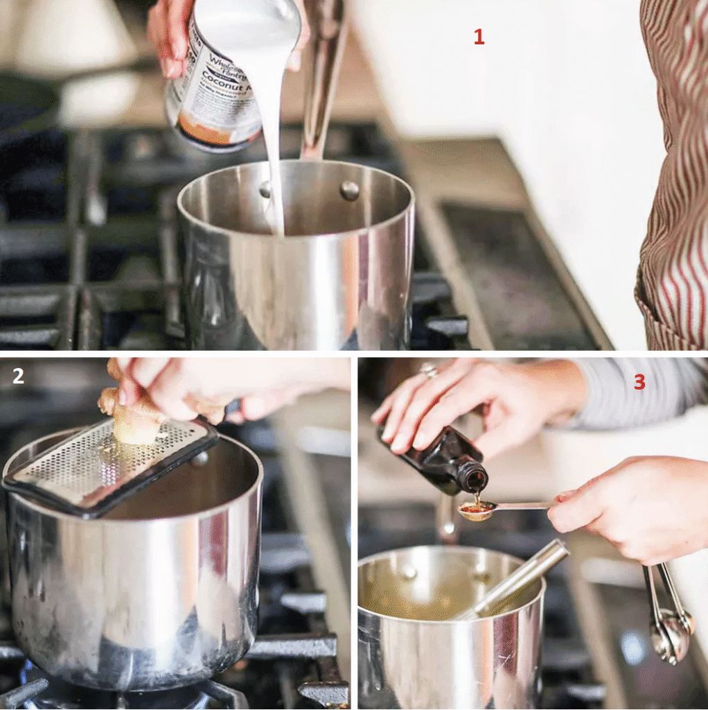 Collage of
1. Coconut milk gently heating in a saucepan on the stove for golden milk
2. Hand whisking turmeric ginger and cinnamon into warm coconut milk for turmeric latte