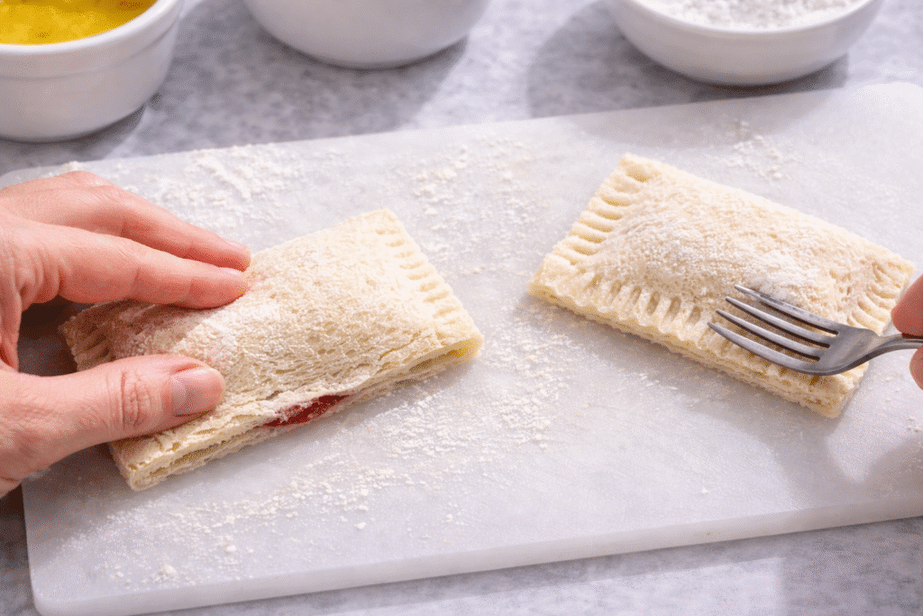 Close up of toast pie edges being sealed by hand and crimped with a fork on a cutting board