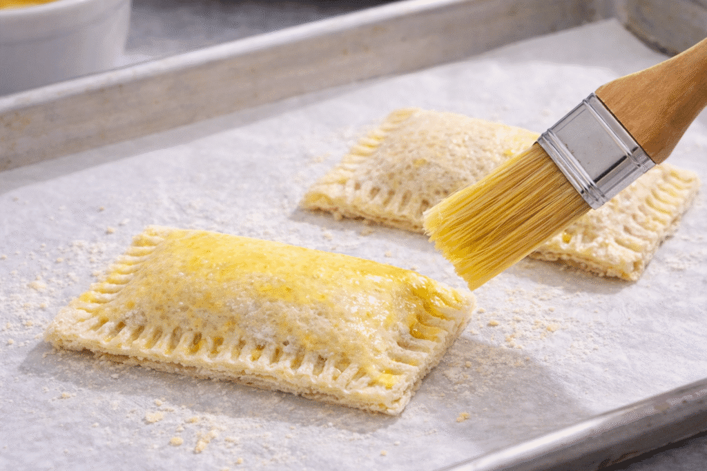 Pastry brush applying egg wash to the tops of sealed toast pies on a parchment lined baking tray