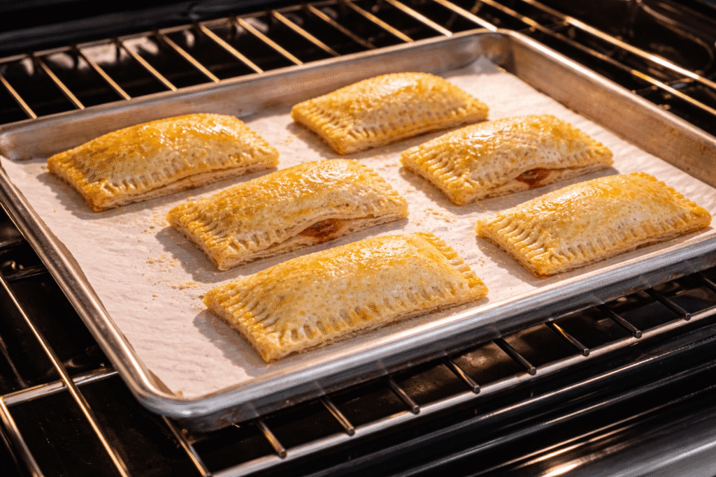 Toast pies on a parchment lined tray baking in the oven until the edges are puffed and golden
