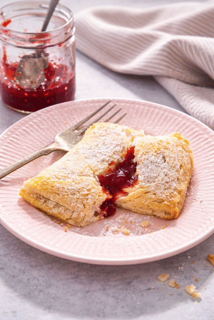 Finished toast pie torn open on a small plate with crumbs and a jam jar in a relaxed home kitchen setting
